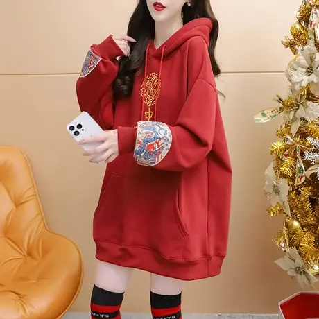 加绒加厚红色连帽卫衣女2024年新款春季爆款宽松设计感国潮风外套图片