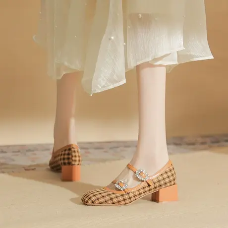 玛丽珍鞋女2024新款一字带方头浅口粗跟单鞋法式晚晚风复古高跟鞋图片