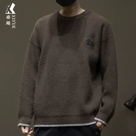 重磅860g假两件毛衣2023冬季新款保暖日系宽松大码男士圆领针织衫商品大图