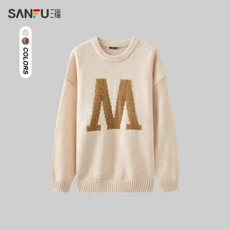 三福2024春季男士字母绣花毛衣 潮流休闲混纺纱上衣男481025商品大图