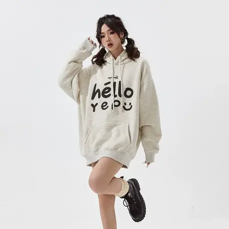 YEP简约字母印花连帽加绒卫衣女秋冬2023年新款复古加厚宽松外套商品大图