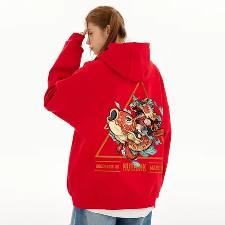 Nuthink国潮春节卡通龙年连帽保暖卫衣男420g重磅加绒加厚外套春商品大图