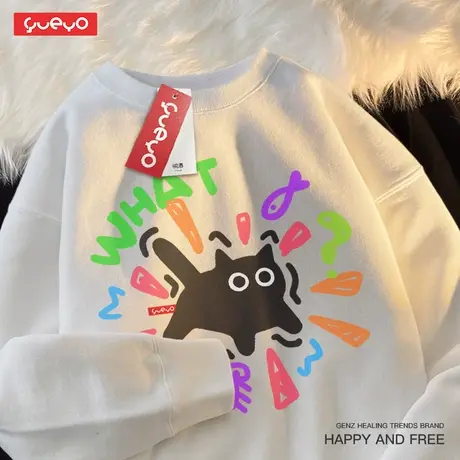 悦游 what黑猫 惊讶猫咪宽松套头圆领卫衣男加绒趣味日系商品大图