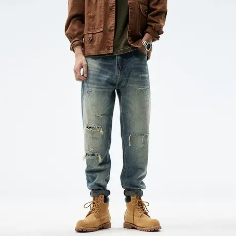 破洞补丁牛仔裤男宽松直筒休闲潮牌秋冬款锥形男士长裤子2023新款商品大图