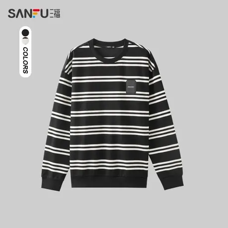 三福2024春季男士质感色织条纹卫衣 日系户外圆领上衣男482392图片
