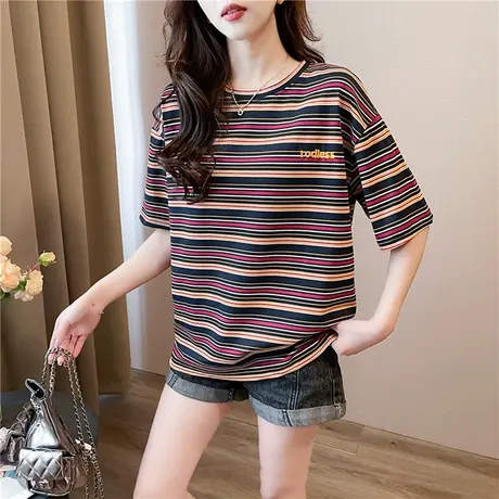 9TH双色条纹短袖 美式复古拼色小众设计感日系宽松百搭情侣装商品大图