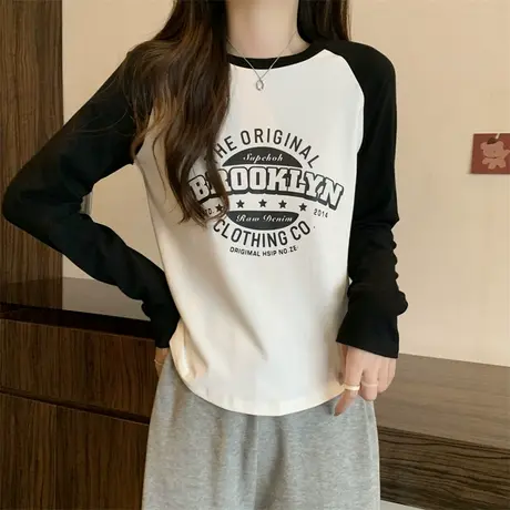 插肩长袖t恤女秋冬内搭洋气显瘦小众设计感宽松打底衫短款上衣ins图片