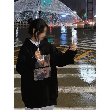 oversize设计感趣味印花早秋卫衣女ins潮牌春秋薄款宽松连帽外套图片