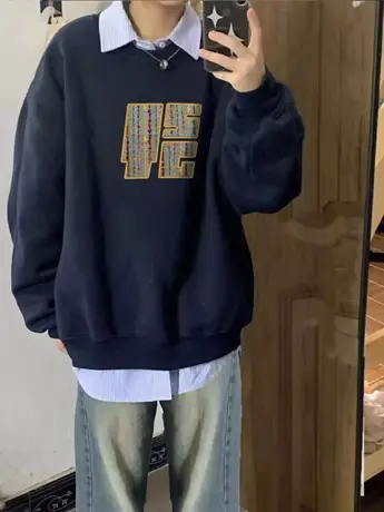 藏青色圆领卫衣女春秋薄款小个子宽松美式复古小众设计感套头上衣图片