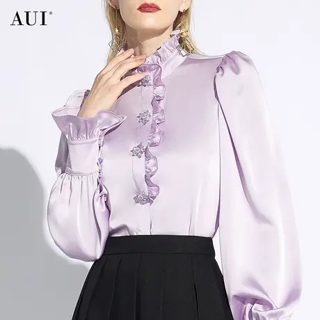 AUI紫色设计感泡泡袖衬衫女2024春秋新款立领小众上衣高级感衬衣图片