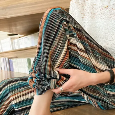 高腰复古休闲阔腿裤女夏季薄款宽松显瘦垂感条纹褶皱肌理感直筒裤商品大图