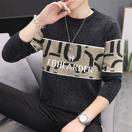 秋季毛衣男士雪尼尔圆领长袖针织打底衫修身百搭加绒加厚撞色线衣商品大图