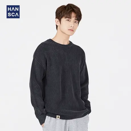 汉斯卡纯棉圆领毛衣男冬季2021新款纯色宽松大码保暖套头针织衫男商品大图