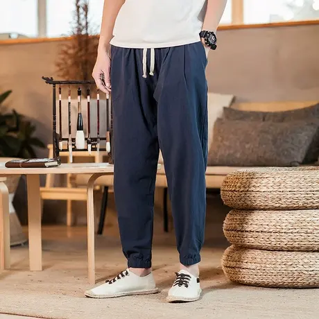 亚麻休闲长裤男士中国风宽松哈伦裤大码束脚运动九分裤男灯笼裤子商品大图