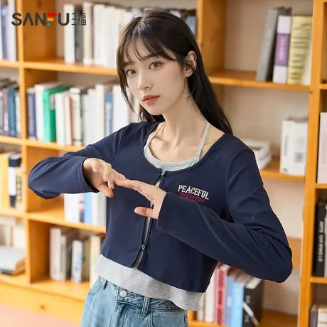 直播秒杀三福长袖T恤2024新款秋季绣花假两件撞色绑带设计感小众商品大图