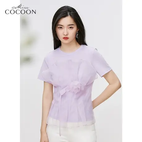 miss COCOON法式紫色短袖T恤女2023新款夏装立体花设计感小众上衣商品大图