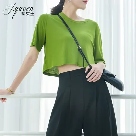 牛油果绿短袖T恤女夏季短款宽松显瘦露脐上衣网红百搭圆领打底衫图片