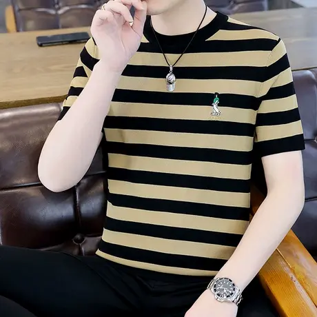 冰丝短袖T恤男圆领夏季高端针织半袖薄款透气上衣条纹体恤海魂衫商品大图