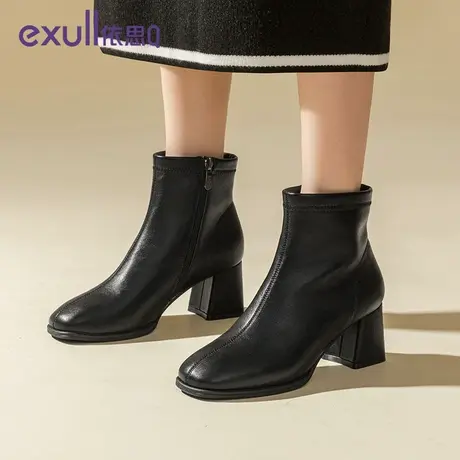 依思Q粗跟短靴女单靴冬季棉鞋2023年新款高跟瘦瘦靴加绒马丁女靴图片