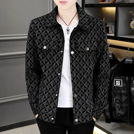 翻领工装休闲夹克男潮牌痞帅茄克上衣春秋季时尚高端男装格子外套商品大图