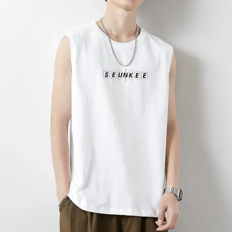 纯棉背心男士无袖t恤2023新款夏季外穿字母印花白色健身运动坎肩商品大图