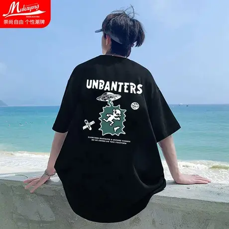 创意外星人飞船纯棉短袖男潮牌潮流百搭ins街头印花夏季情侣上衣商品大图