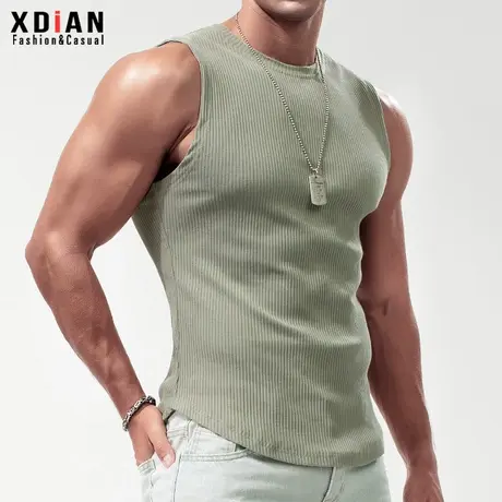 螺纹背心男宽肩修身紧身运动健身纯棉砍袖打底无袖T恤夏季坎肩潮商品大图