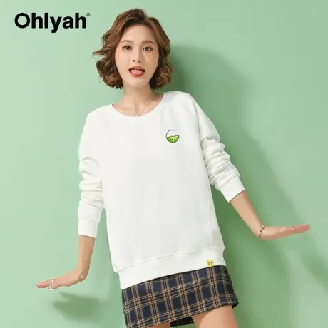 Ohlyah品牌 白色卫衣女宽松韩版大码圆领纯棉打底衫简约长袖学生商品大图