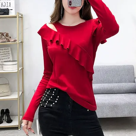2023新款气质女装性感露肩T恤女长袖春秋荷叶边设计感洋气上衣潮商品大图