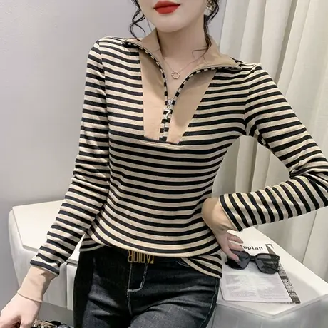 欧货条纹打底衫女春秋款设计感拉链翻领长袖T恤洋气百搭显瘦上衣商品大图