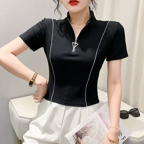 欧货设计感拉链上衣女短袖夏季洋气潮品T恤网红紧身高腰短款小衫商品大图
