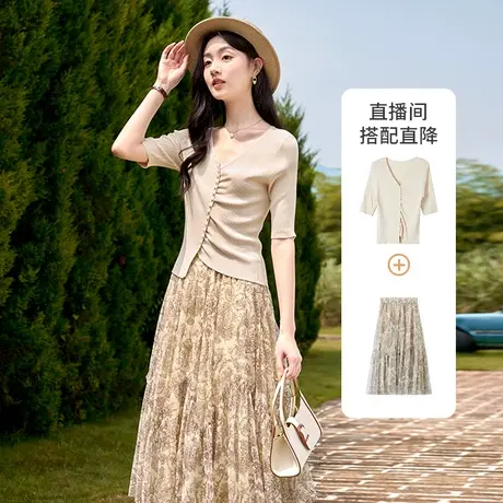 香影v领针织衫女短袖2023秋季新款单排扣不规则修身显瘦正肩上衣商品大图