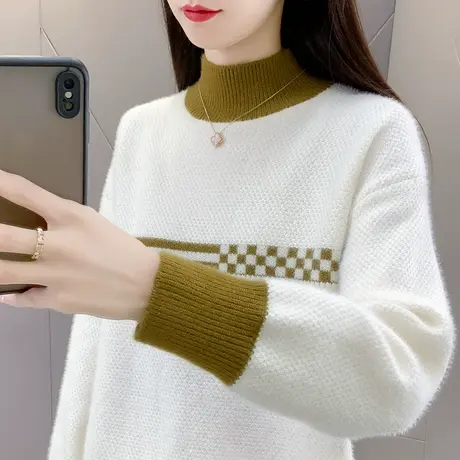 冬季2023新款半高领水貂绒拼色加厚毛衣女内搭针织打底衫爆款洋气商品大图