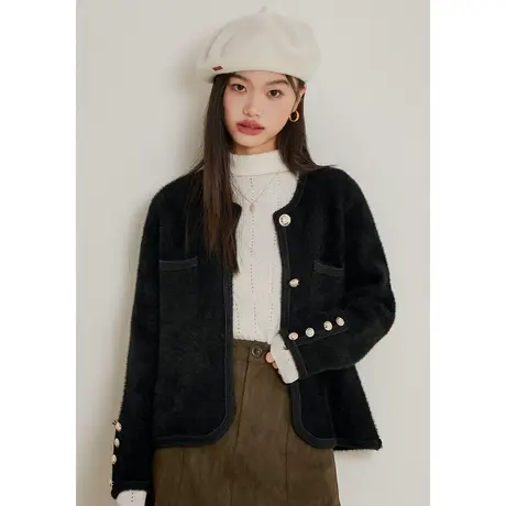 弥古黑色小香风毛呢针织外套开衫女2023新款秋冬高级感金属扣上衣商品大图