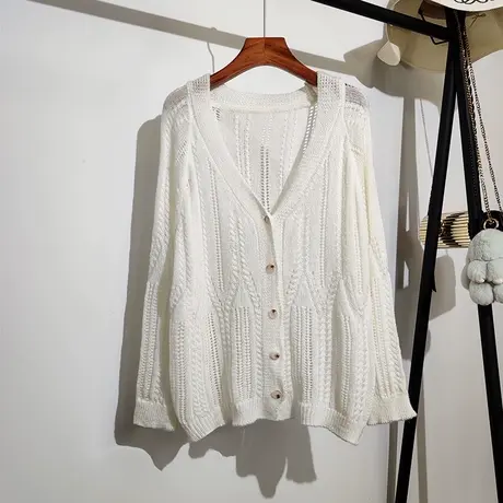 薄款毛衣外套女2023春夏新款韩版宽松慵懒温柔风甜美镂空针织开衫商品大图