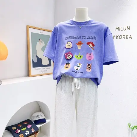 韩国东大门紫色短袖T恤2023夏款chic港风卡通搞怪扎染上衣洋气潮商品大图