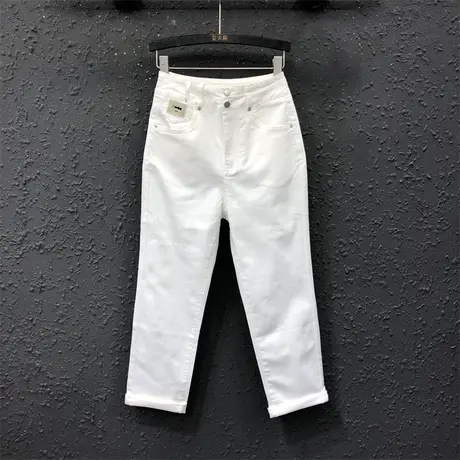 美式贴标白色小脚萝卜裤2023秋季新款欧货女潮显瘦薄款牛仔哈伦裤商品大图