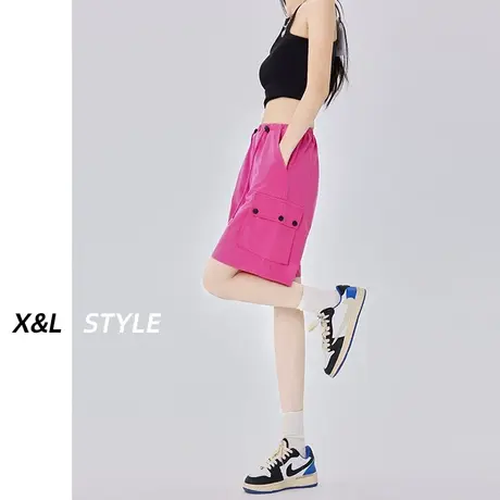 火龙果色工装裤女春秋季短裤2023年新款潮高腰休闲多巴胺五分裤子图片