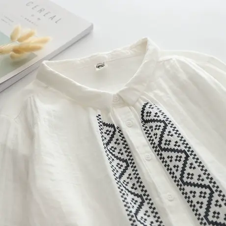 春秋日系文艺小清新刺绣双层纱纯棉长袖白衬衫女学生宽松打底上衣图片