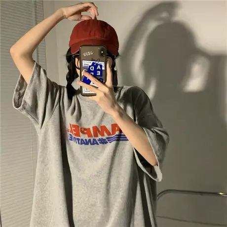 日系复古短袖t恤女宽松韩版ins潮原宿风半袖设计感小众纯棉上衣服商品大图
