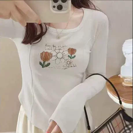 双面德绒打底衫春秋白色不规则长袖t恤女设计感小众内搭正肩上衣商品大图