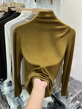 半高领纯色针织衫长袖T恤2023春季新款纽扣拼接女上衣修身打底衫商品大图