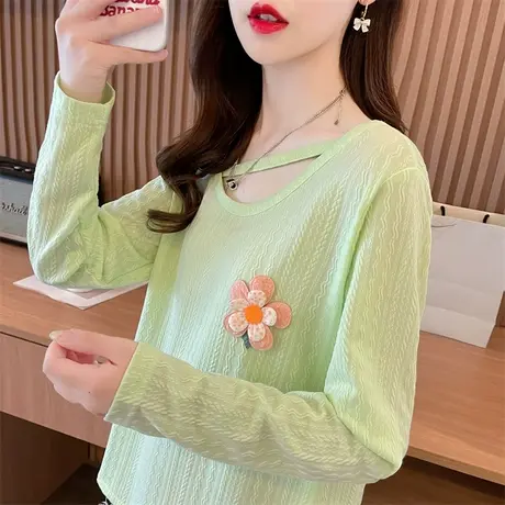 早秋设计感小众小个子长袖t恤女春秋季韩版宽松小心机镂空上衣服图片