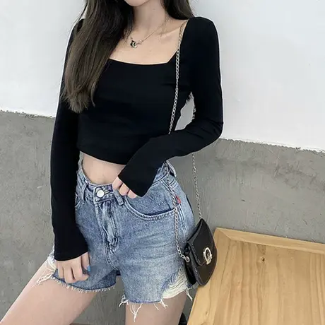 短款t恤女装2023秋季新款气质长袖紧身法式方领上衣设计感小众商品大图