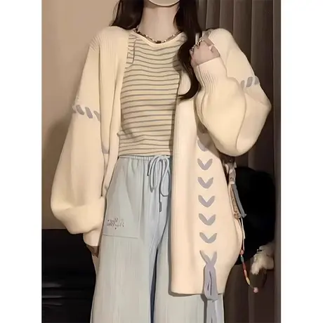 美式复古毛衣女春秋薄款软糯外穿宽松慵懒风针织开衫初秋上衣外套商品大图