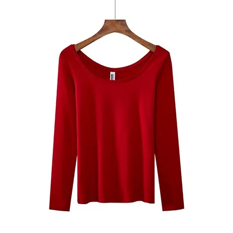 春秋纯棉修身显瘦大圆领长袖体恤上衣内搭女纯色打底衫红色本命红商品大图