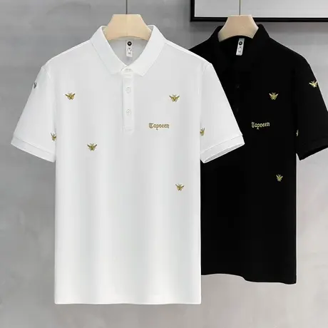 冰丝凉爽轻商务短袖Polo衫23夏季新品金线蜜蜂刺绣黑白翻领T恤男图片