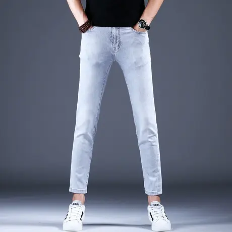男士浅灰色夏天九分牛仔裤男款修身小脚秋款薄款裤子2023新款弹力商品大图
