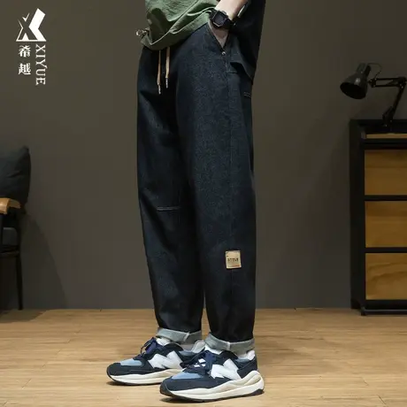 黑色松紧腰抽绳牛仔裤男2023秋冬加绒宽松大码直筒裤子男装长裤潮商品大图