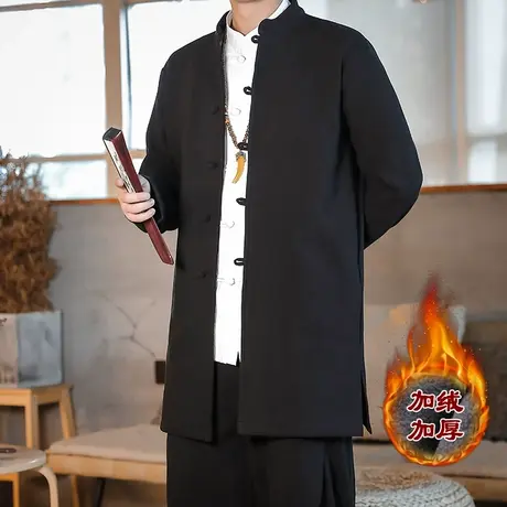 冬季加绒加厚男长袖衬衫保暖上衣中长款盘扣中国风复古衬衣休闲潮商品大图